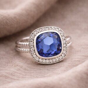 Sterling Silver Cushion Cut Simulated Tanzanite Ring CZ Halo Size 6 Statement Ri